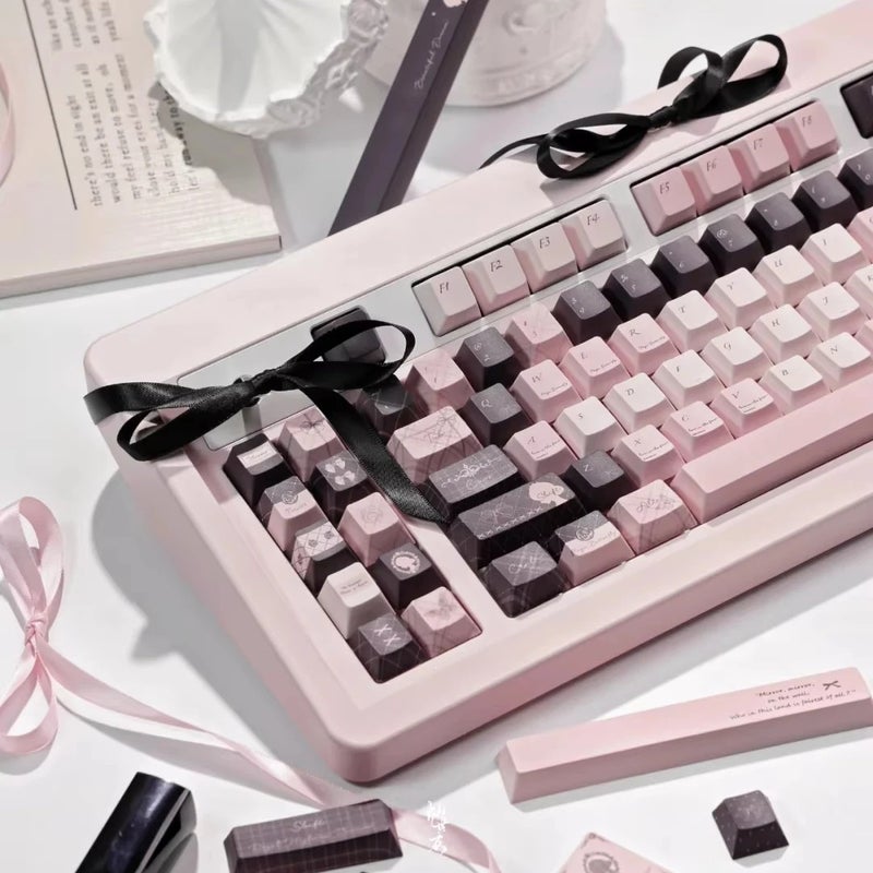 Bluejw Elegant Lady 141 Keys PBT Keycaps French Grey Pink Cherry Profile with Cute Design for Mechanical Gaming Keyboards - Image 1